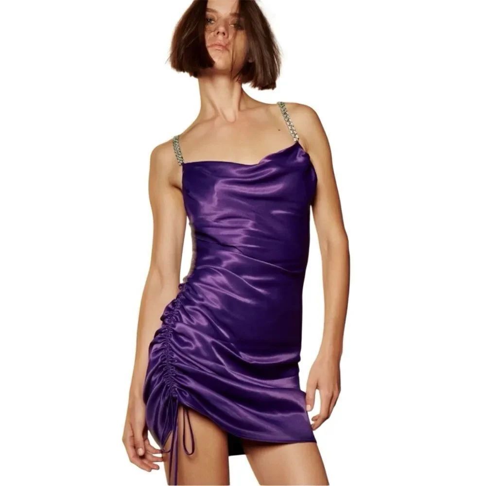 Zara purple satin mini dress with rhinestone chain straps Size X Small